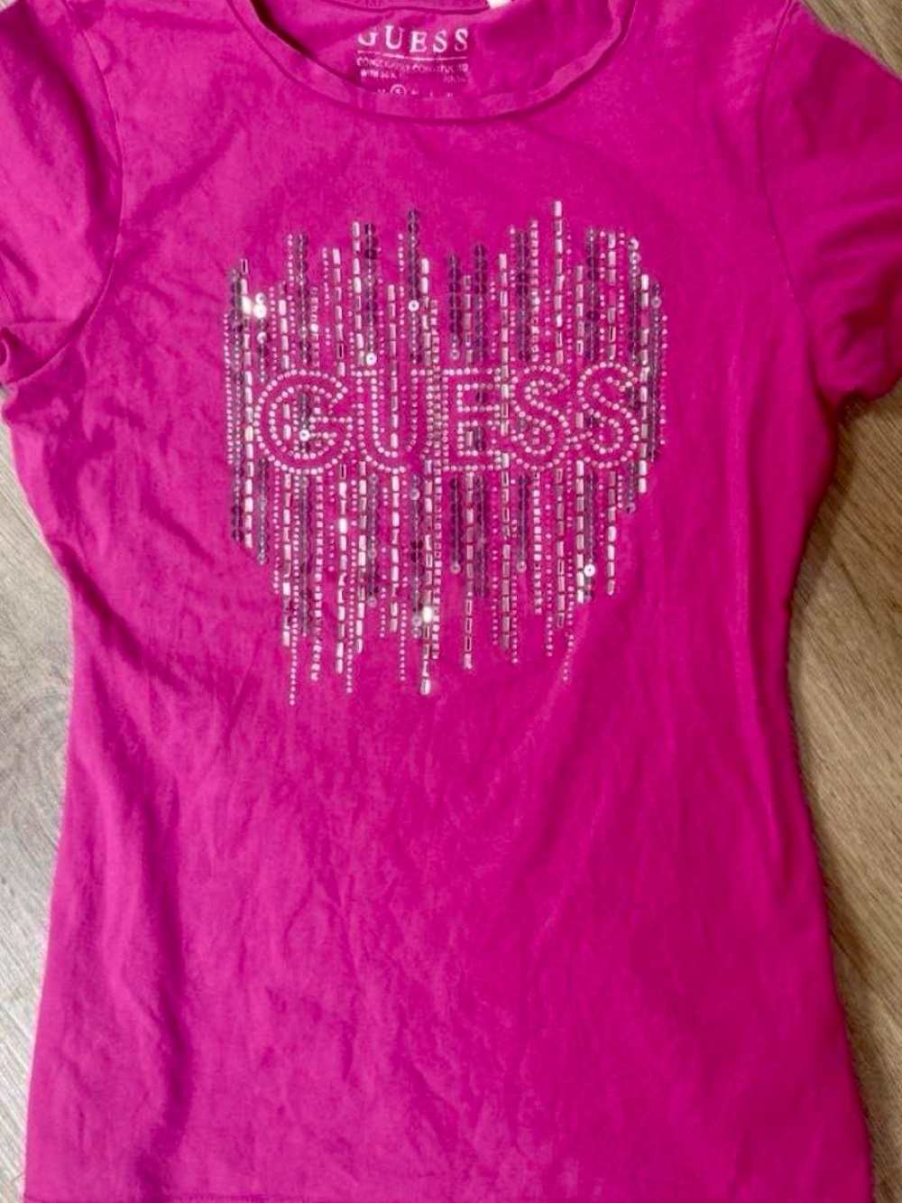 Guess Hot Pink Sequin Logo Short Sleeve Tee